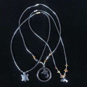 3 Hematite Beaded Necklace Lot Dolphin Turtle Pendant Gray Grounding Healing